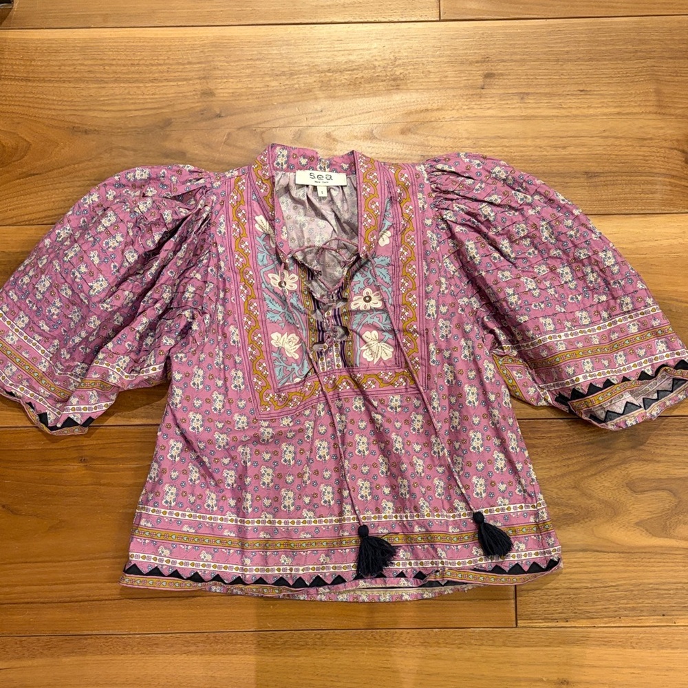 Sea New York Pink Floral Embroidered Peasant Blouse with Tassel Ties